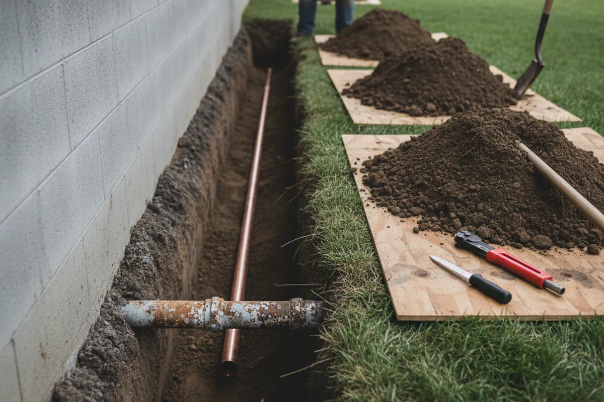 Excavated water line trench during Water Heater Repair in Clark